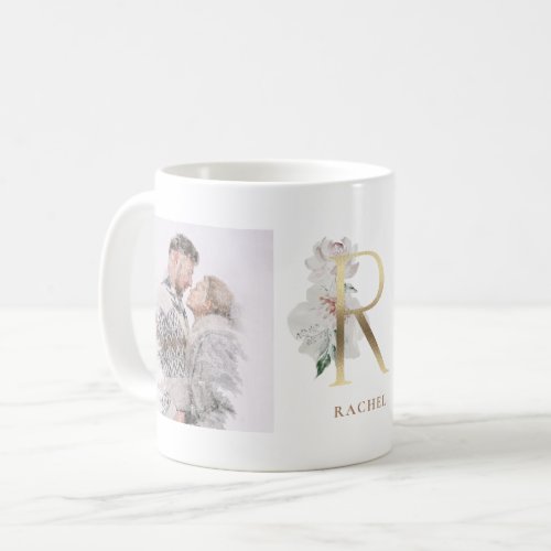 Watercolor and Gold  Two Photo Letter R Monogram Coffee Mug
