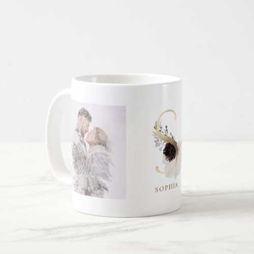 Watercolor and Gold  Two Photo Letter S Monogram Coffee Mug