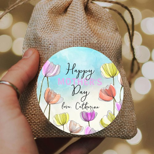 Watercolor and Ink Artistic Tulips Mothers Day Classic Round Sticker