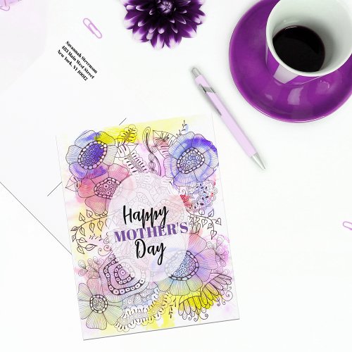 Watercolor and Ink Floral Line Art Mothers Day Postcard