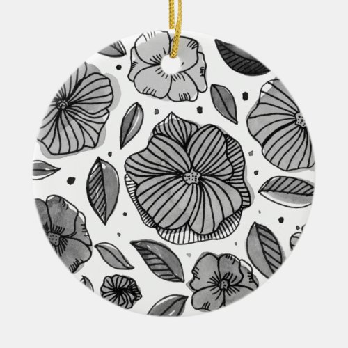 Watercolor and ink flowers  black and white ceramic ornament