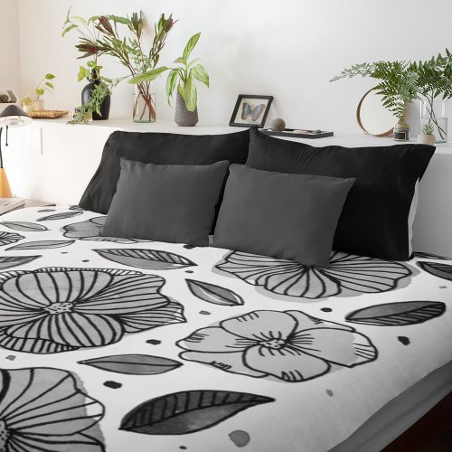 Watercolor and ink flowers  black and white duvet cover