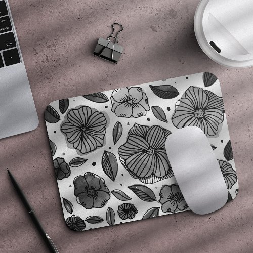 Watercolor and ink flowers  black and white mouse pad
