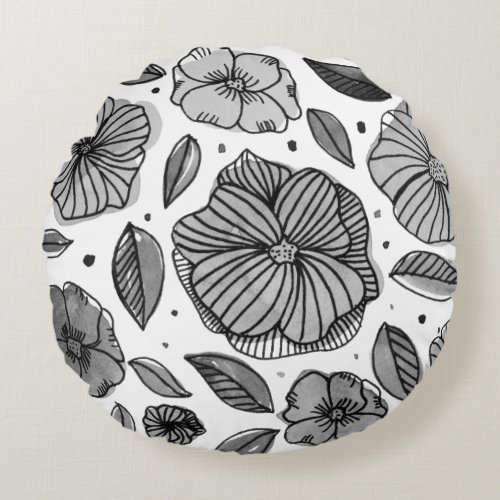 Watercolor and ink flowers  black and white round pillow