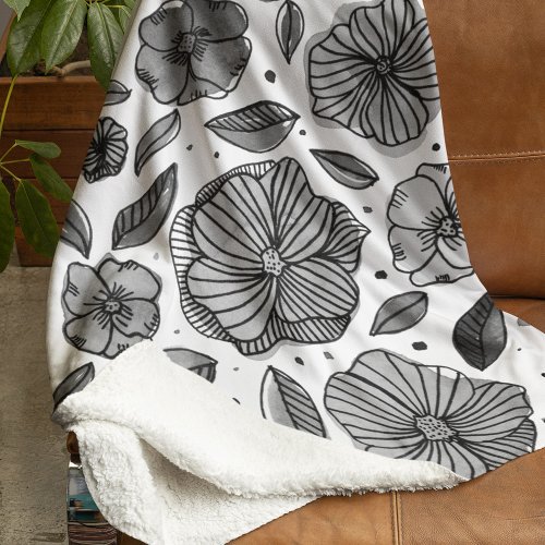 Watercolor and ink flowers  black and white sherpa blanket