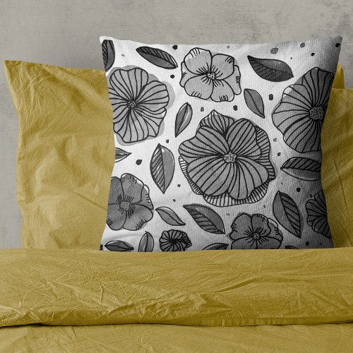 Watercolor and ink flowers  black and white throw pillow