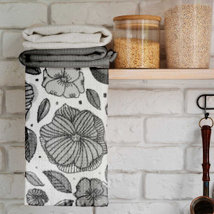 Watercolor and ink flowers – black and white towel