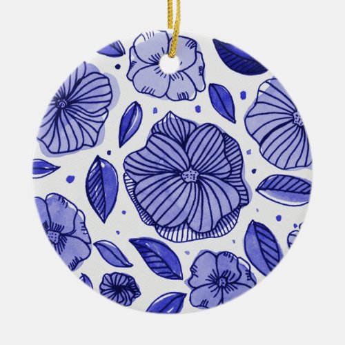 Watercolor and ink flowers  blue palette ceramic ornament