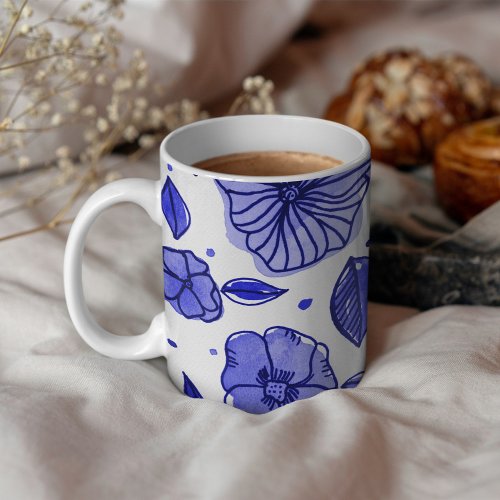 Watercolor and ink flowers  blue palette coffee mug