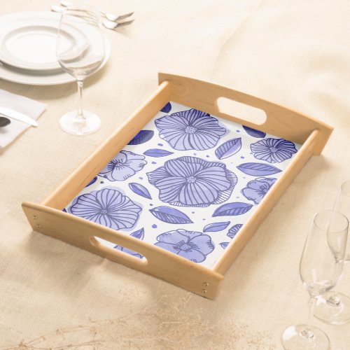 Watercolor and ink flowers  blue palette serving tray