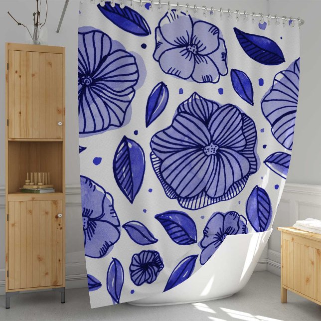 Watercolor and ink flowers – blue palette shower curtain (Creator Uploaded)