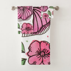 Watercolor and ink flowers – pink and green bath towel set