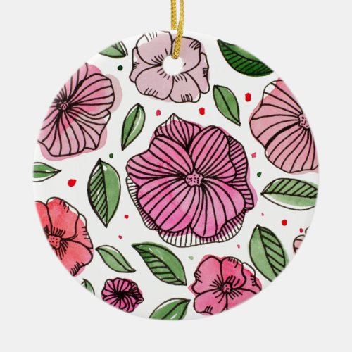 Watercolor and ink flowers  pink and green ceramic ornament