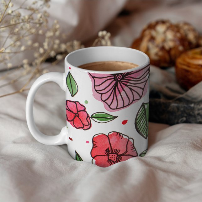Watercolor and ink flowers – pink and green coffee mug (Creator Uploaded)