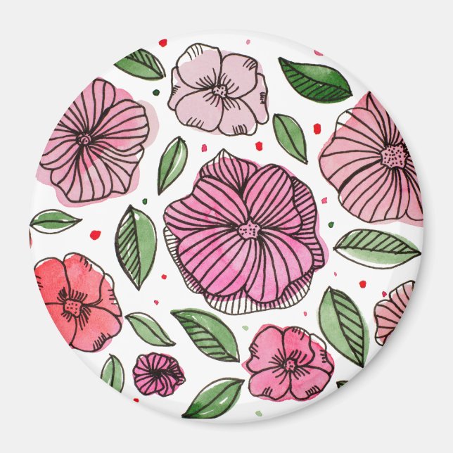 Watercolor and ink flowers – pink and green magnet (Front)