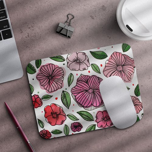 Watercolor and ink flowers  pink and green mouse pad