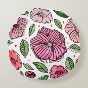 Watercolor and ink flowers – pink and green round pillow