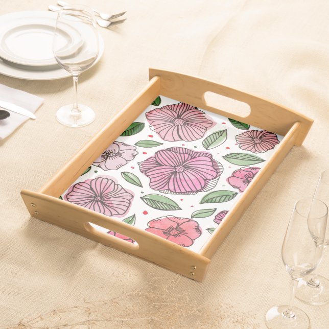 Watercolor and ink flowers – pink and green serving tray (Front)