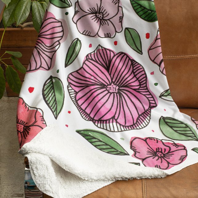 Watercolor and ink flowers – pink and green sherpa blanket (Creator Uploaded)