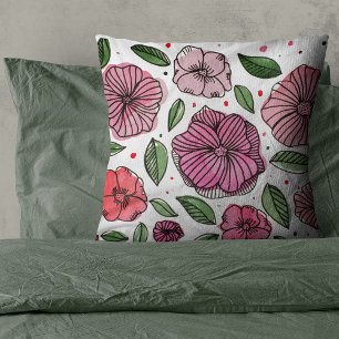 Watercolor and ink flowers – pink and green throw pillow