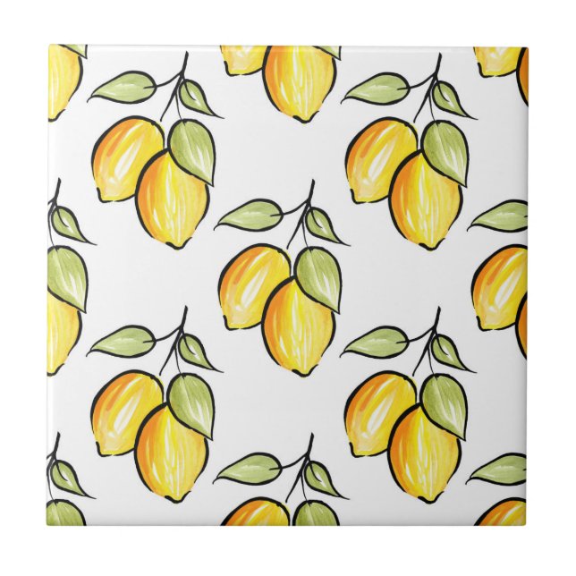 Watercolor and Ink Lemons Pattern Ceramic Tile (Front)