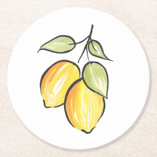 Watercolor and Ink Lemons Round Paper Coaster