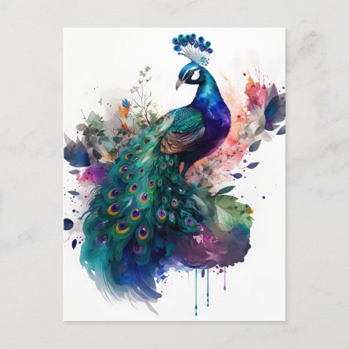 Watercolor and Ink Peacock Postcard