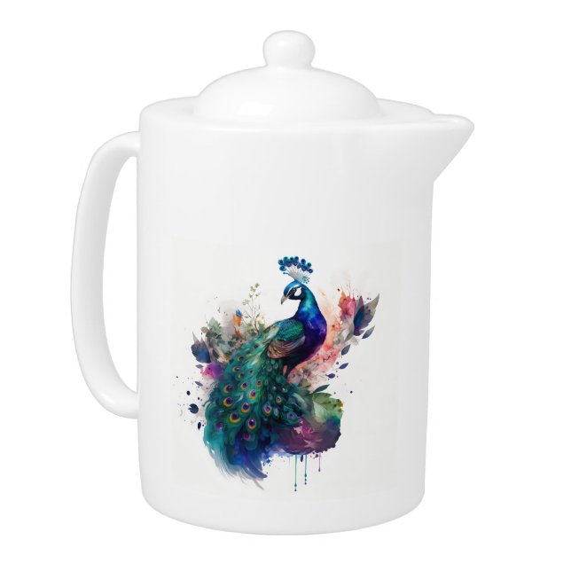 Watercolor and Ink Peacock Teapot (Left)