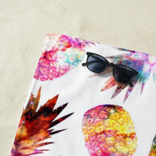 Watercolor and Nebula Pineapples Illustration Beach Towel