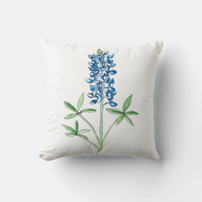 Watercolor and Pen Bluebonnet Throw Pillow (Front)