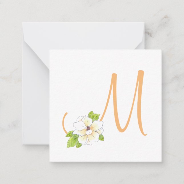 Watercolor and Pen Magnolia Flower Monogram Note Card (Front)
