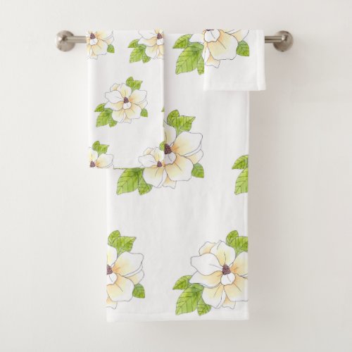 Watercolor and Pen Magnolia Flower Pattern Bath Towel Set