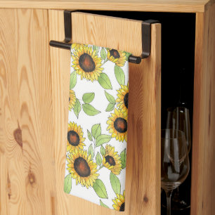 Watercolor and Pen Sunflowers Pattern Kitchen Towel