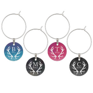 Watercolor and Rustic Deer Antlers Monogram Wine Glass Charm