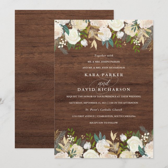 Watercolor and Wood | Rustic Floral Wedding Invitation (Front/Back)