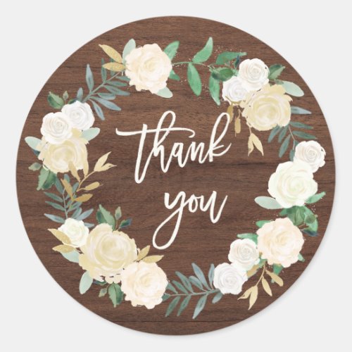 Watercolor and Wood  Rustic Floral Wedding Thanks Classic Round Sticker