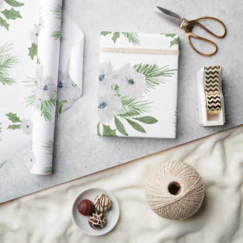 Watercolor anemone and spruce pattern wrapping paper