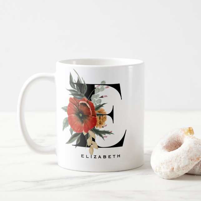Watercolor Anemone Botanicals Letter E Monogram Coffee Mug (With Donut)