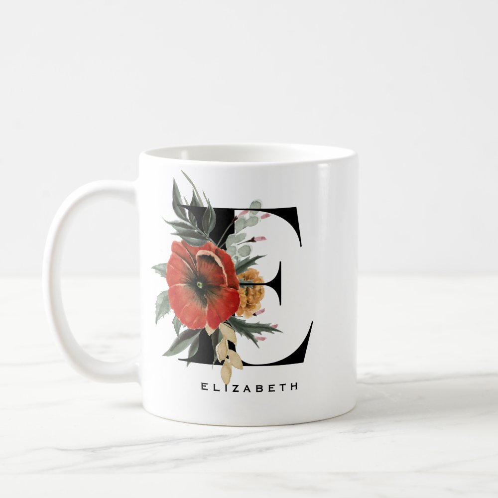 Watercolor Anemone Botanicals Letter E Monogram Custom Coffee Mug