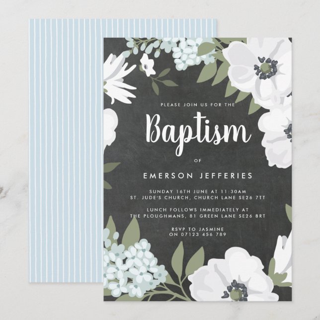 Watercolor Anemone Chalkboard Blue Baptism Invitation (Front/Back)