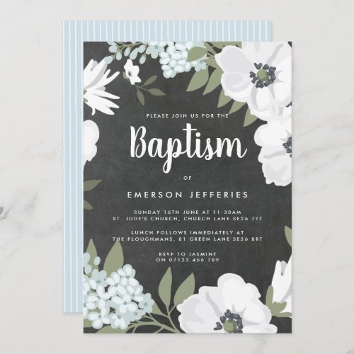 Watercolor Anemone Chalkboard Blue Baptism Invitation