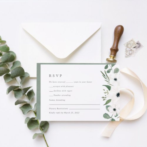 Watercolor Anemone  Dusty Green Sage RSVP Card