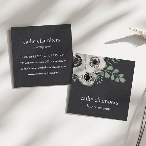 Watercolor Anemone  Eucalyptus Floral Square Business Card