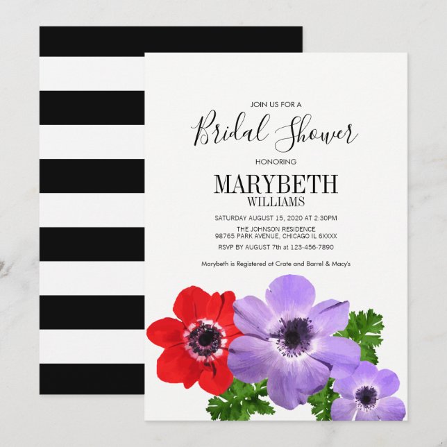 Watercolor Anemone Floral Bridal Shower Card (Front/Back)