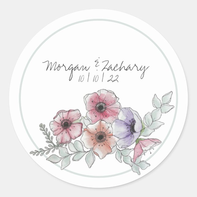 Watercolor Anemone Floral  Classic Round Sticker (Front)