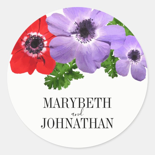 Watercolor Anemone Floral Wedding Favor Sticker (Front)