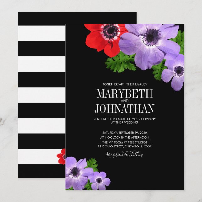Watercolor Anemone Floral Wedding Invitation Card (Front/Back)