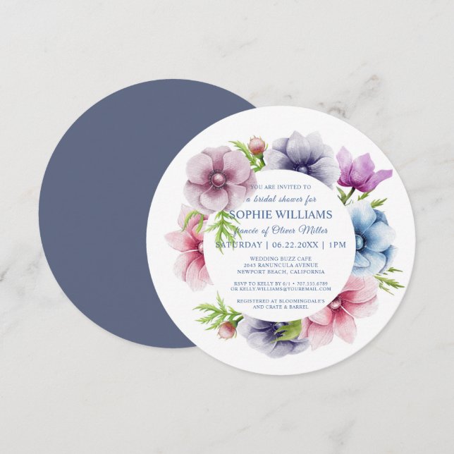 Watercolor Anemone Flower Bridal Shower Invitation (Front/Back)
