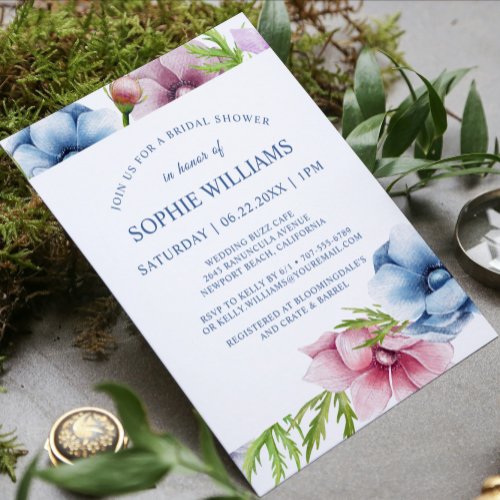 Watercolor Anemone Flower Bridal Shower Invitation