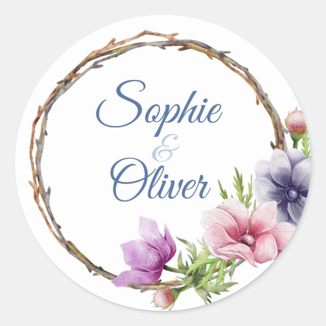 Watercolor Anemone Flower Wedding Classic Round Sticker (Front)